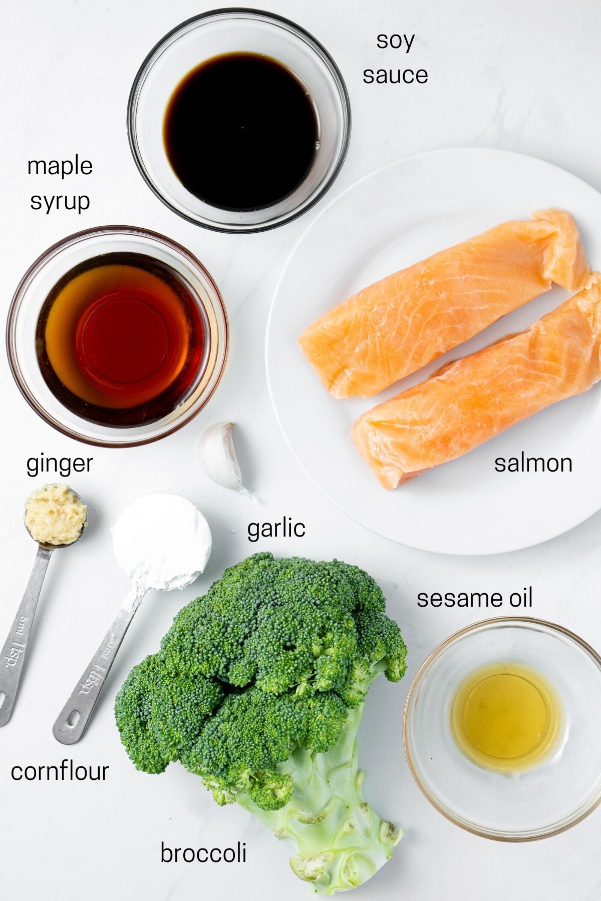 All ingredients needed for sheet pan salmon and broccoli.