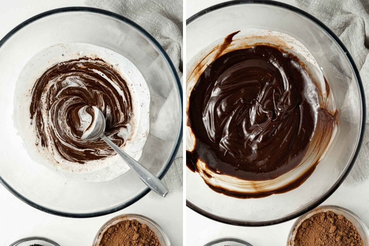 steps to make chocolate ganache - chocolate ganache in a glass bowl