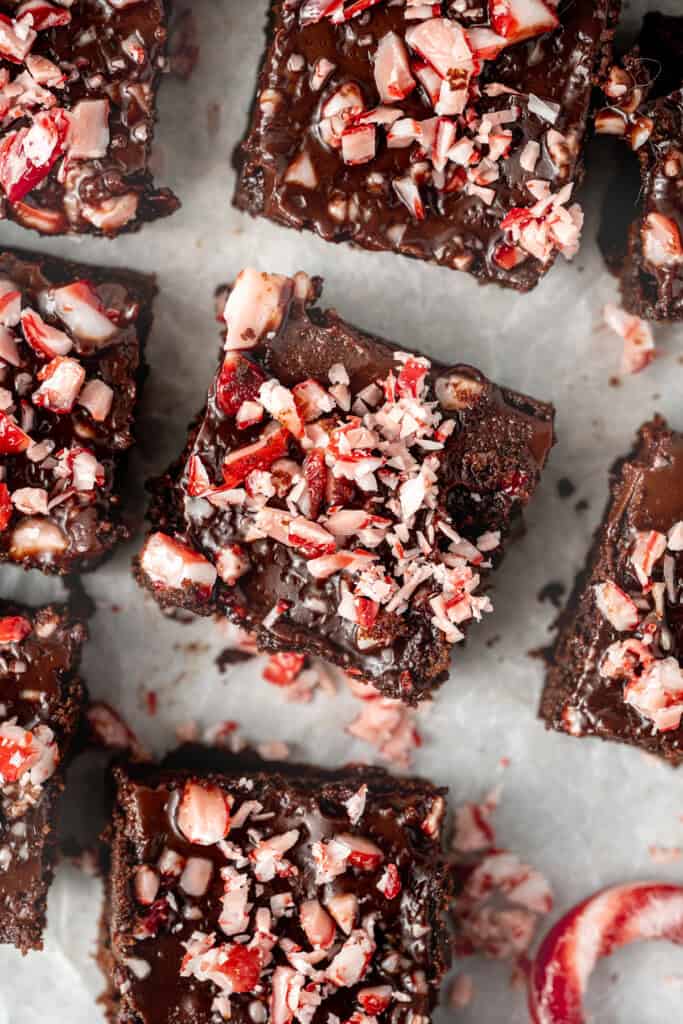 The chocolate peppermint brownies cut into squares.