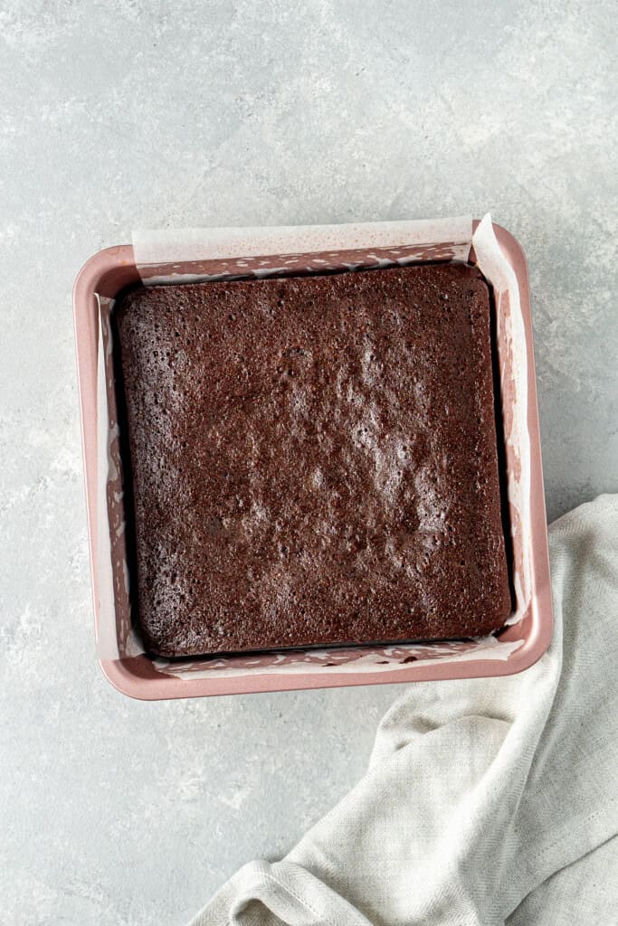 The cooked brownies in the baking pan.