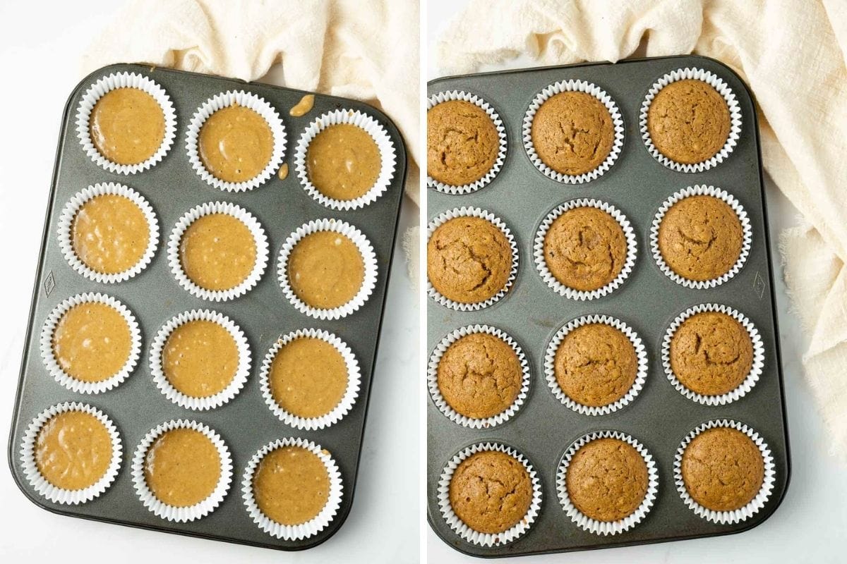 Step 3 & 4 - cupcake batter in the pan and freshly baked cupcakes in a muffin tray