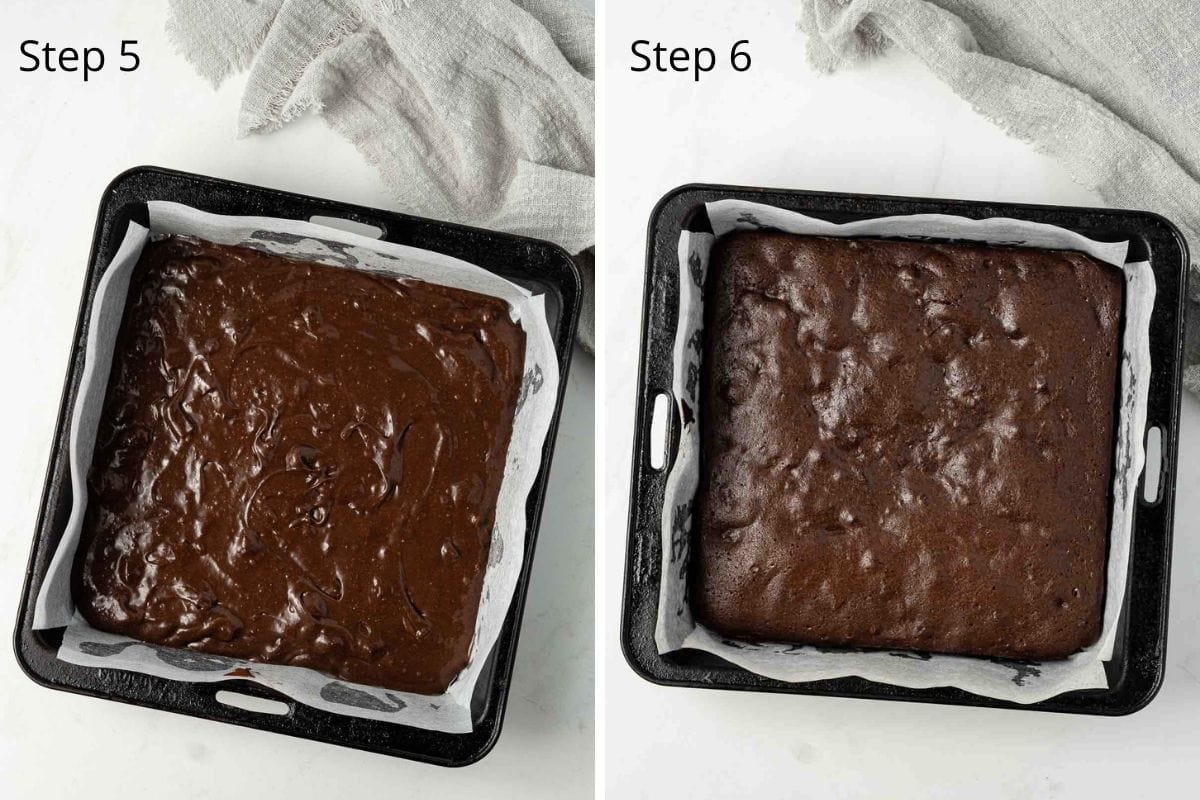 Step 5 and 6 of making peppermint brownies - batter in the pan