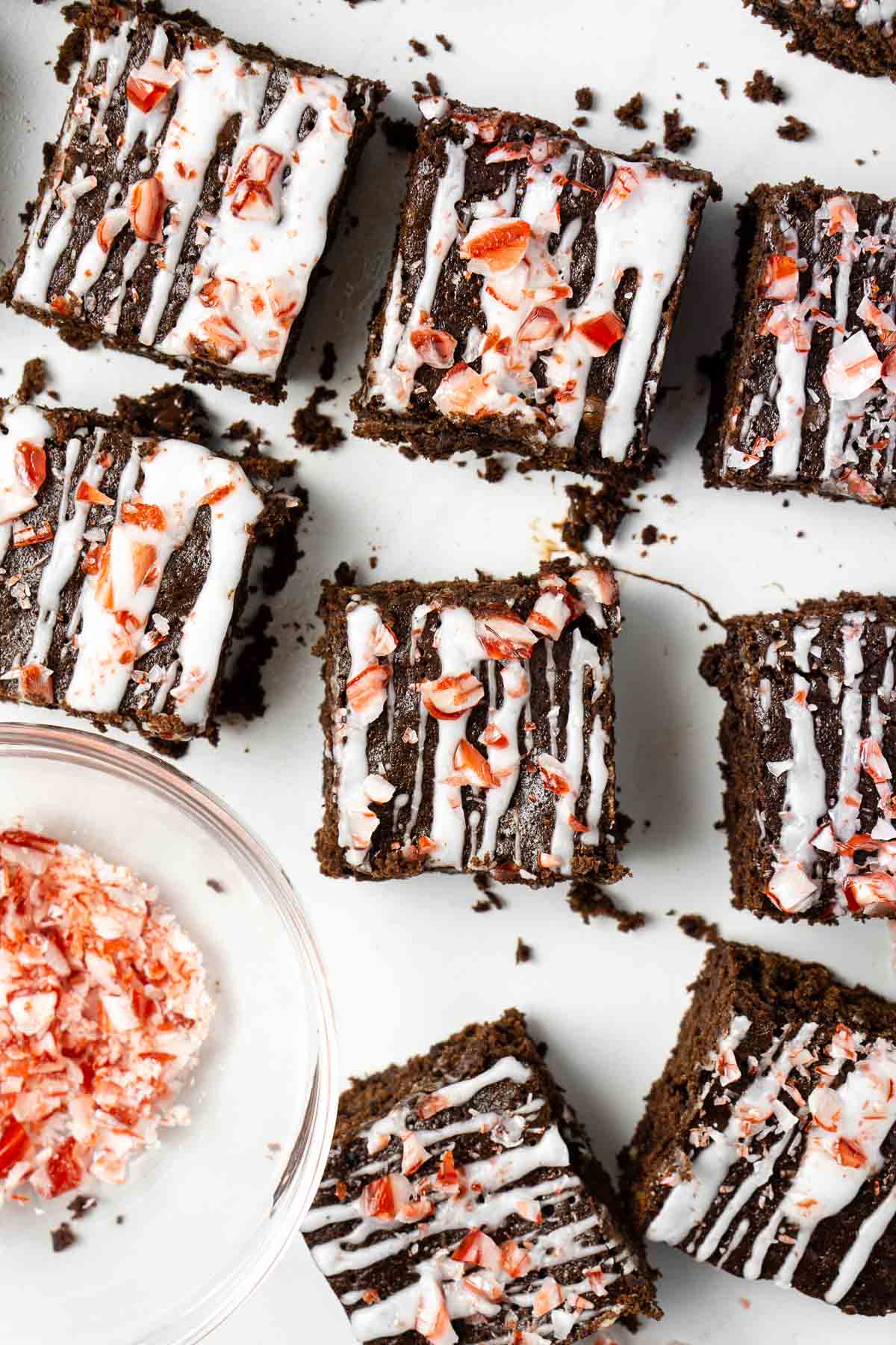 Close up of peppermint brownies and crushed candy canes