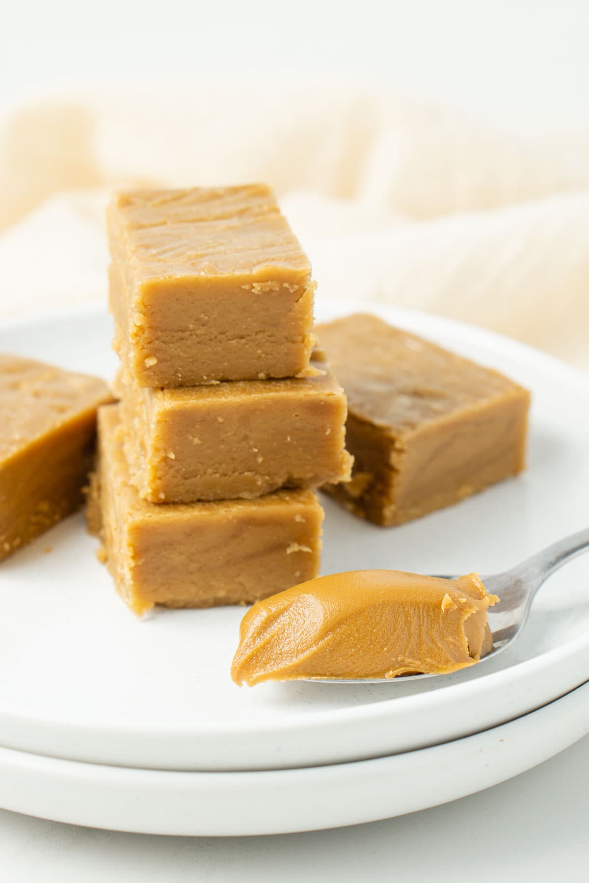Squares of vegan fudge stacked with a spoonful of biscoff spread