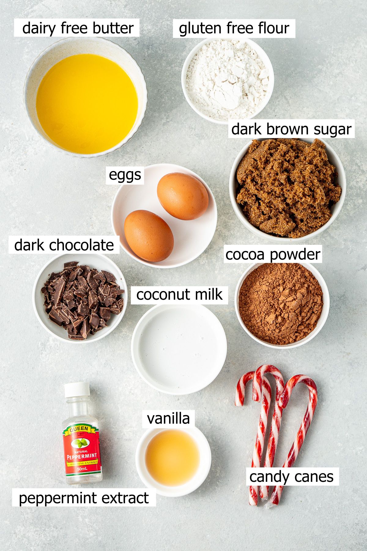 All ingredients needed to make gluten free chocolate peppermint brownies laid out.