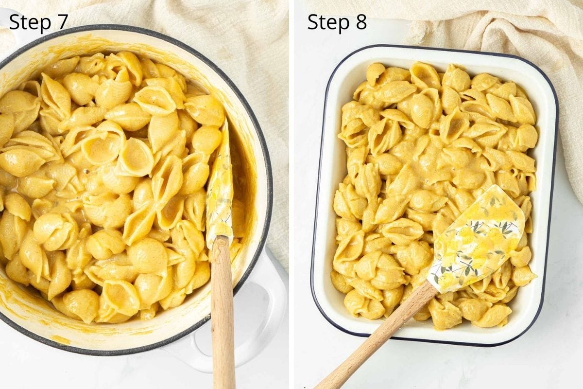Mac and cheese in a pot and then in a baking tray.
