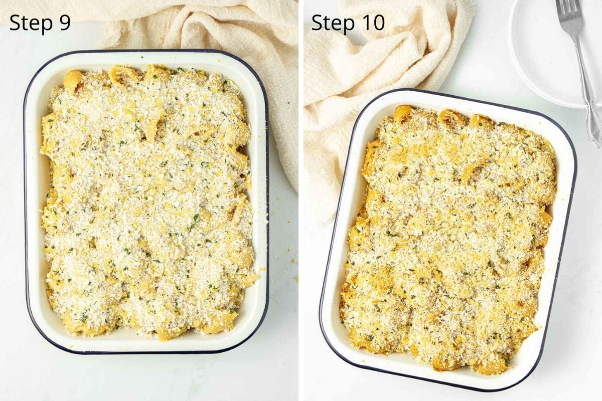 Dairy-free mac and cheese in baking tray with breadcrumb topping.