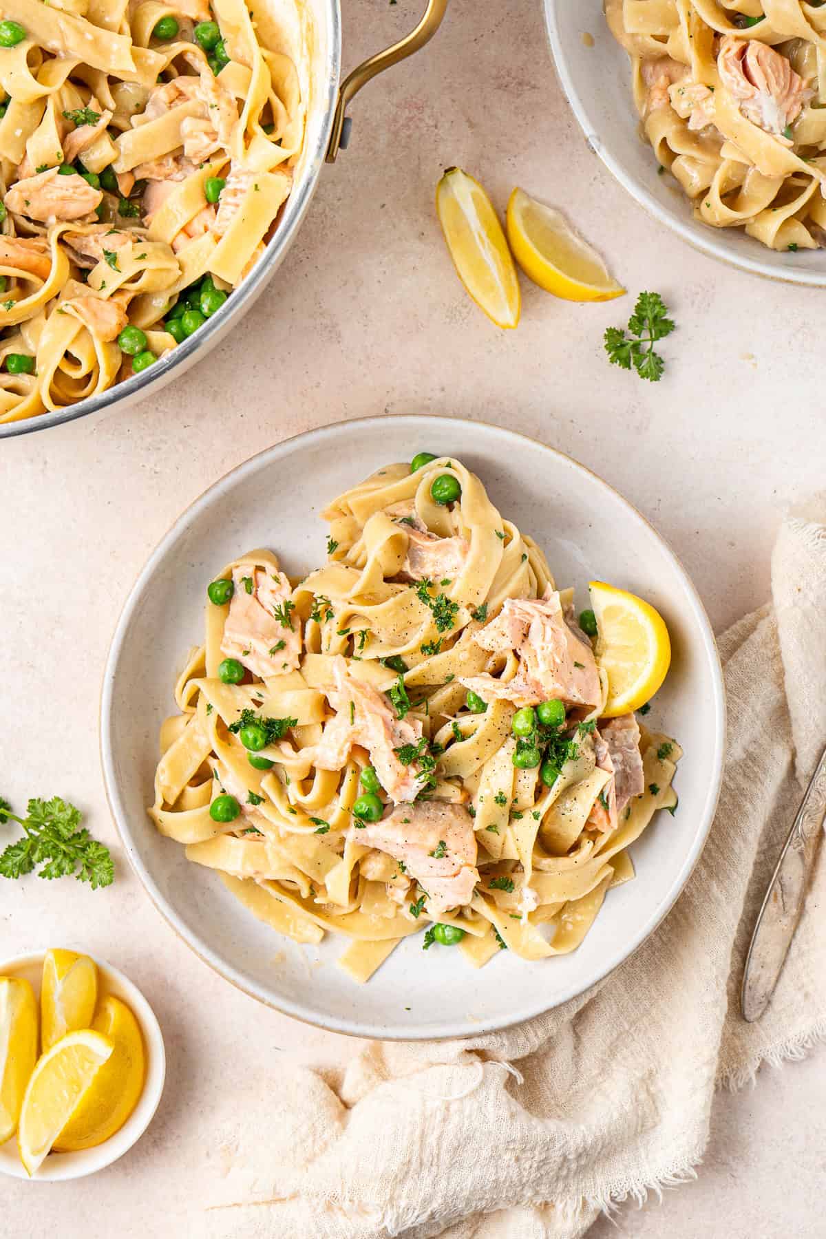 Serving up plates of dairy free salmon tagliatelle. 