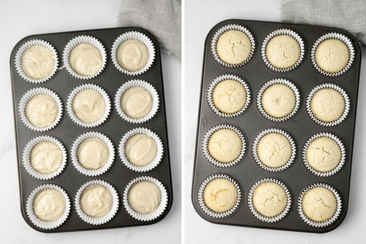 Cupcake batter in a muffin pan and freshly baked cupcakes in a muffin pan.