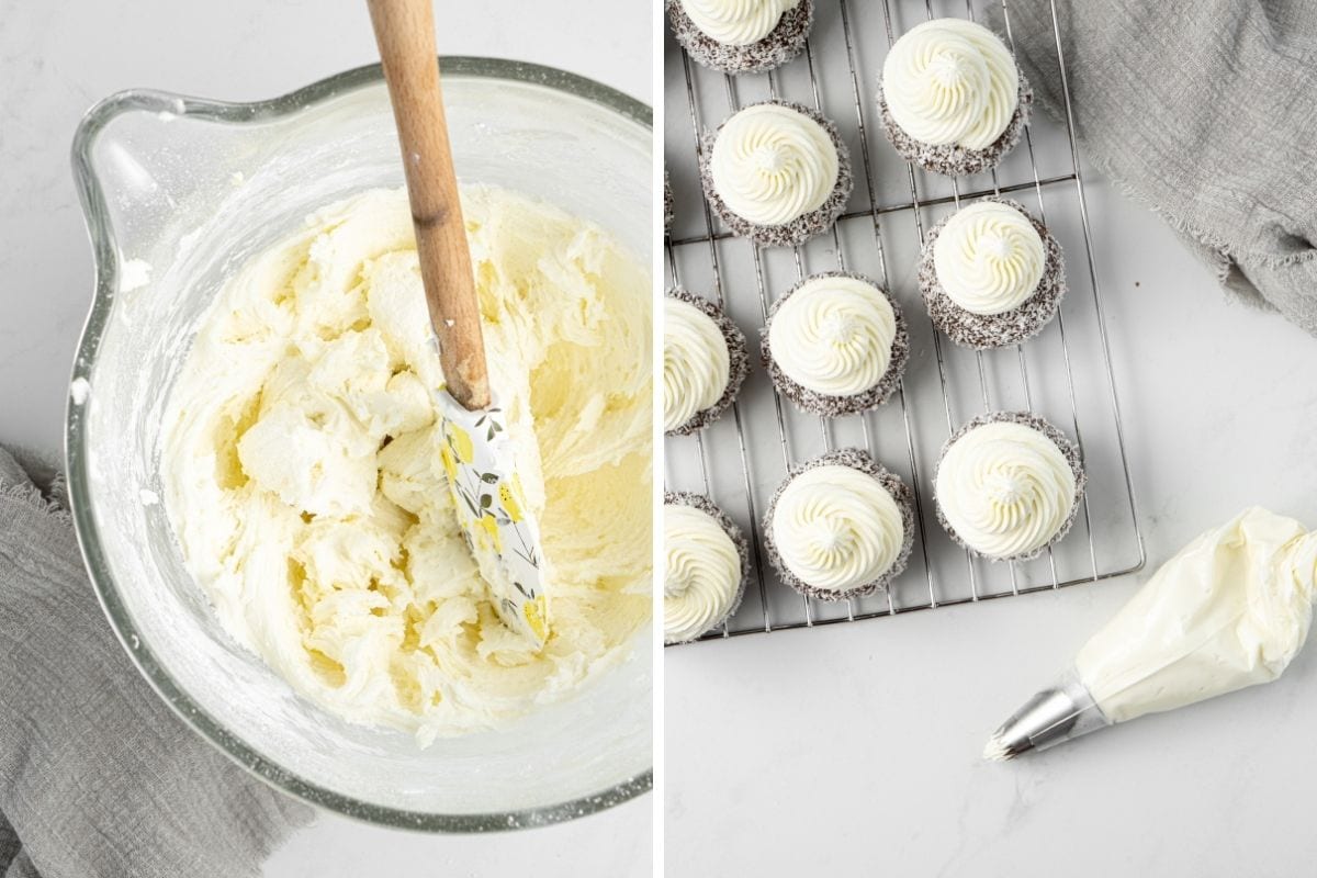 Coconut buttercream in a bowl and swirl of buttercream being piped onto cupcakes.