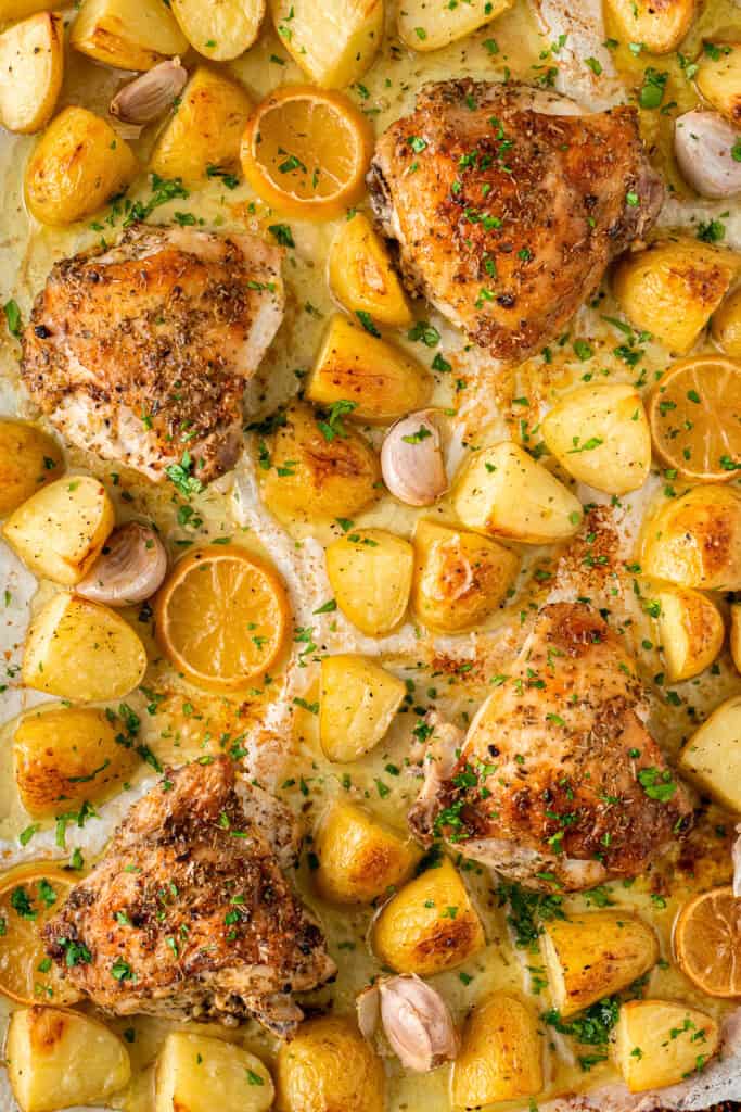 The cooked lemon and garlic chicken tray bake.