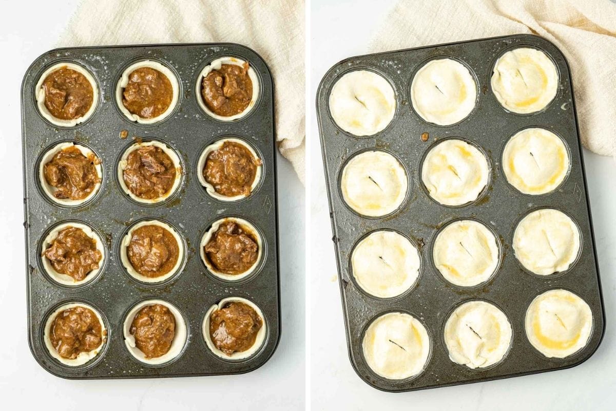 Adding the filling and the top of the pie to the muffin pan.