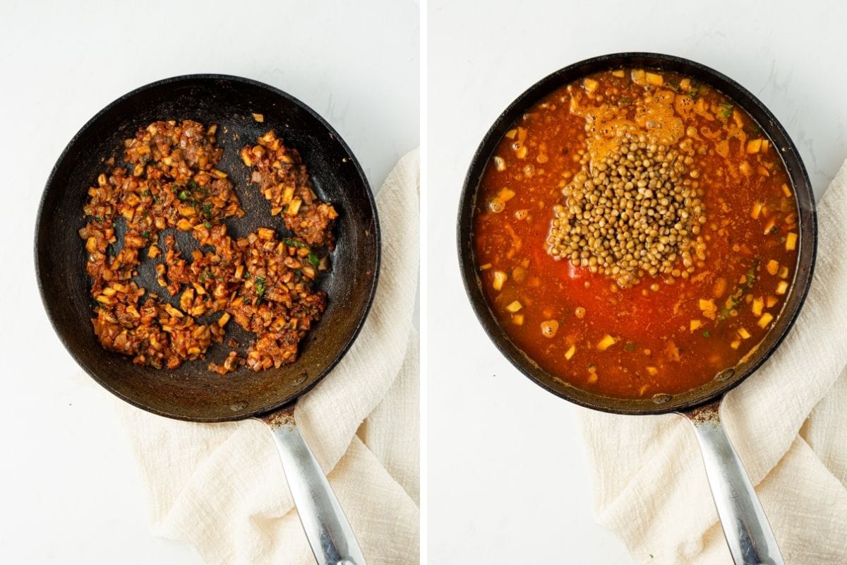 Tomato paste added to the pan. Second photo is of lentils, tomatoes and stock added to the tomato paste