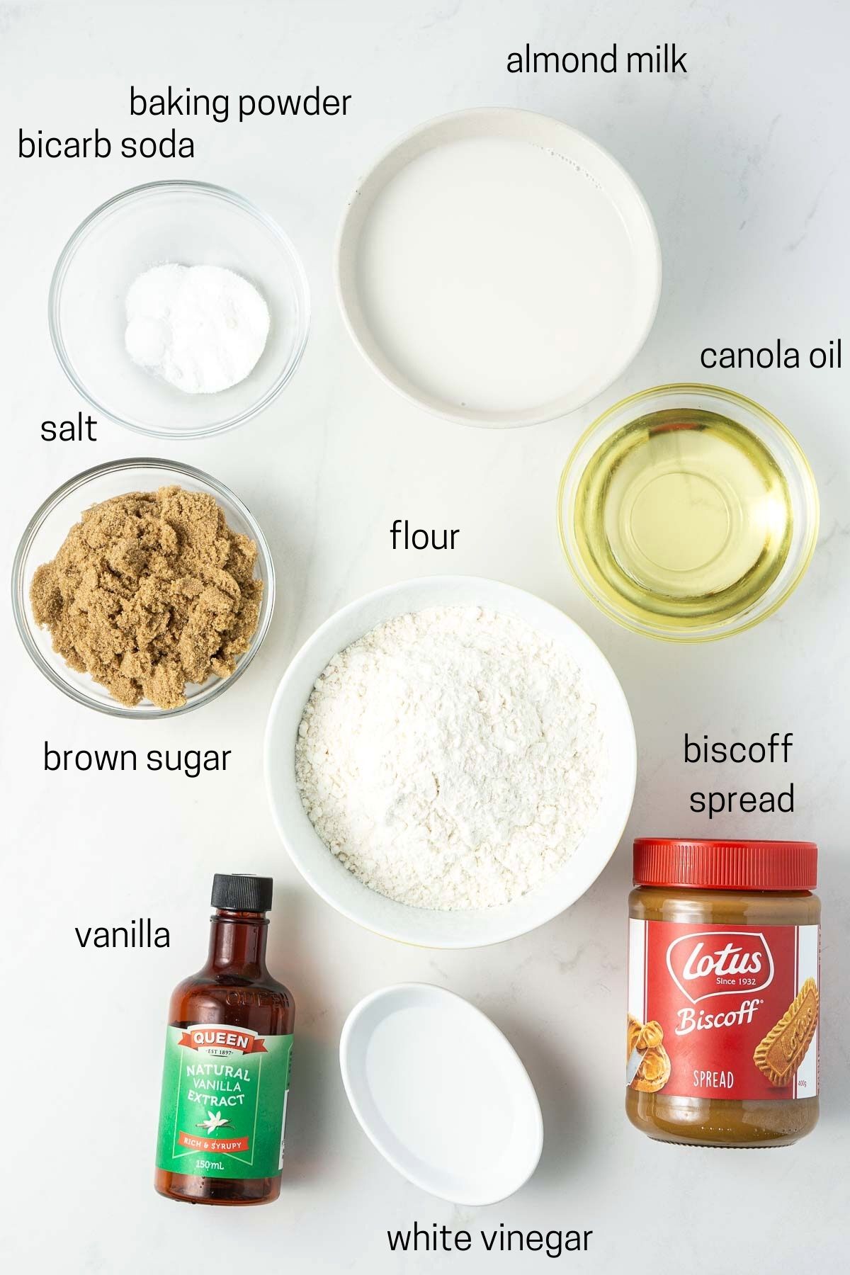 All ingredients needed to make biscoff cupcakes laid out.