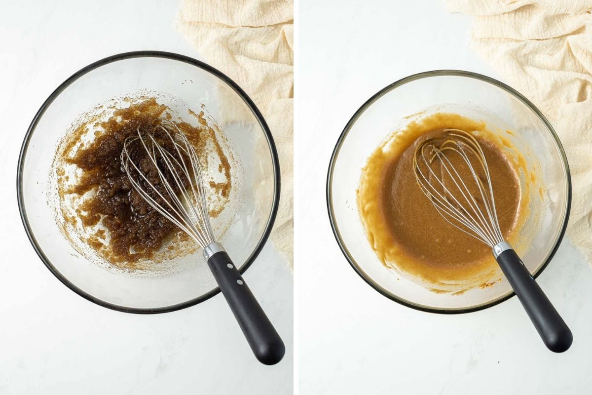 Step one and two of mixing up the batter in glass bowls with a whisk.