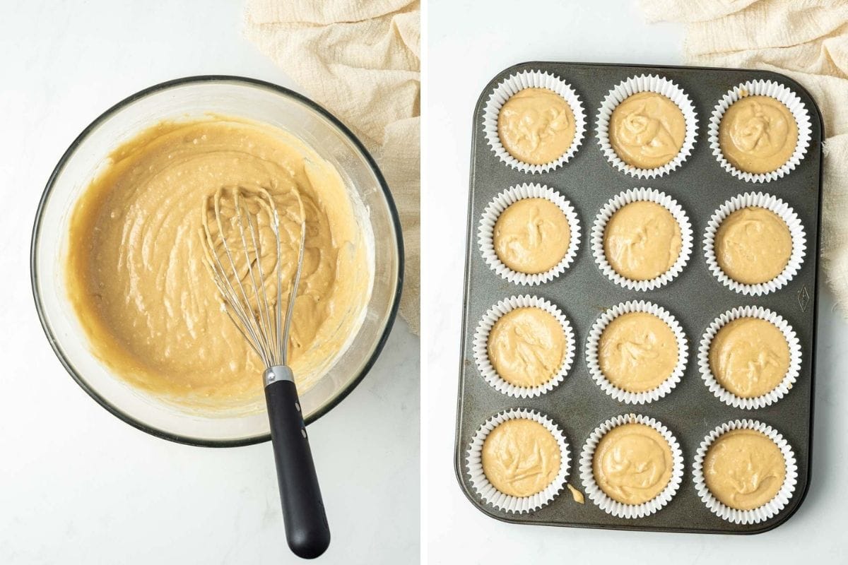 Bicoff cupcake batter in a glass bowl with a whisk and in a muffin pan ready to be baked. 