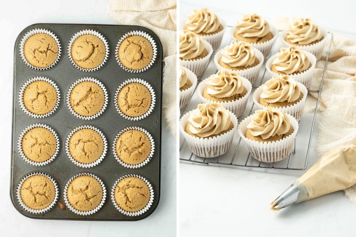 Cooked biscoff cupcakes in a muffin pan and cooled cupcakes on a wire rack with swirls of biscoff buttercream having just bean piped on top.