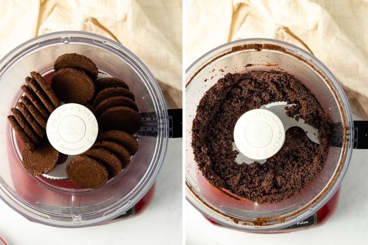 Chocolate biscuits in a food processor before and after being pulsed into a fine crumb.