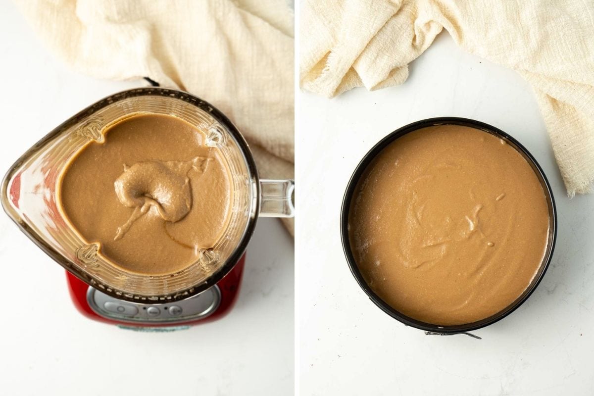 Milo cheesecake filling blended until smooth in a blender and then poured into a springform pan.