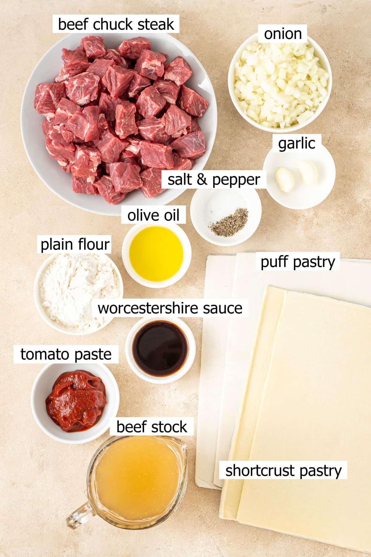 All ingredients needed to make mini beef pies laid out.