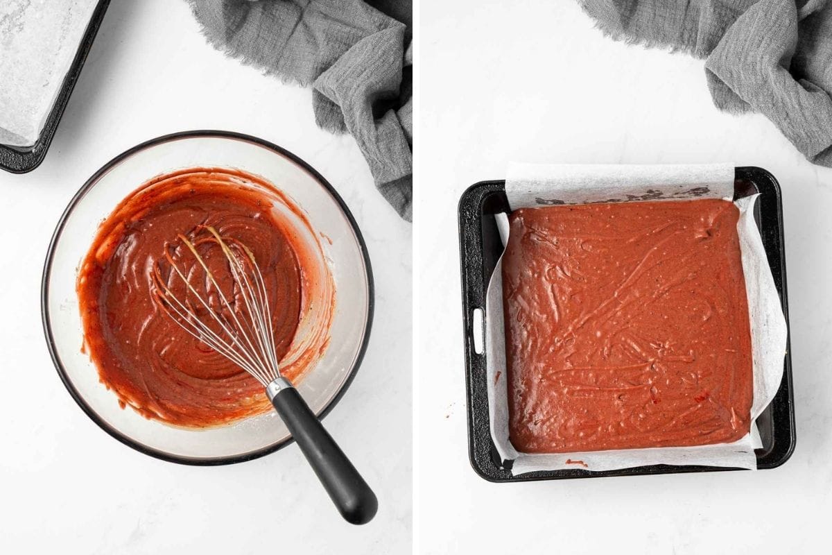 red velvet brownie batter in a bowl and then in a square pan