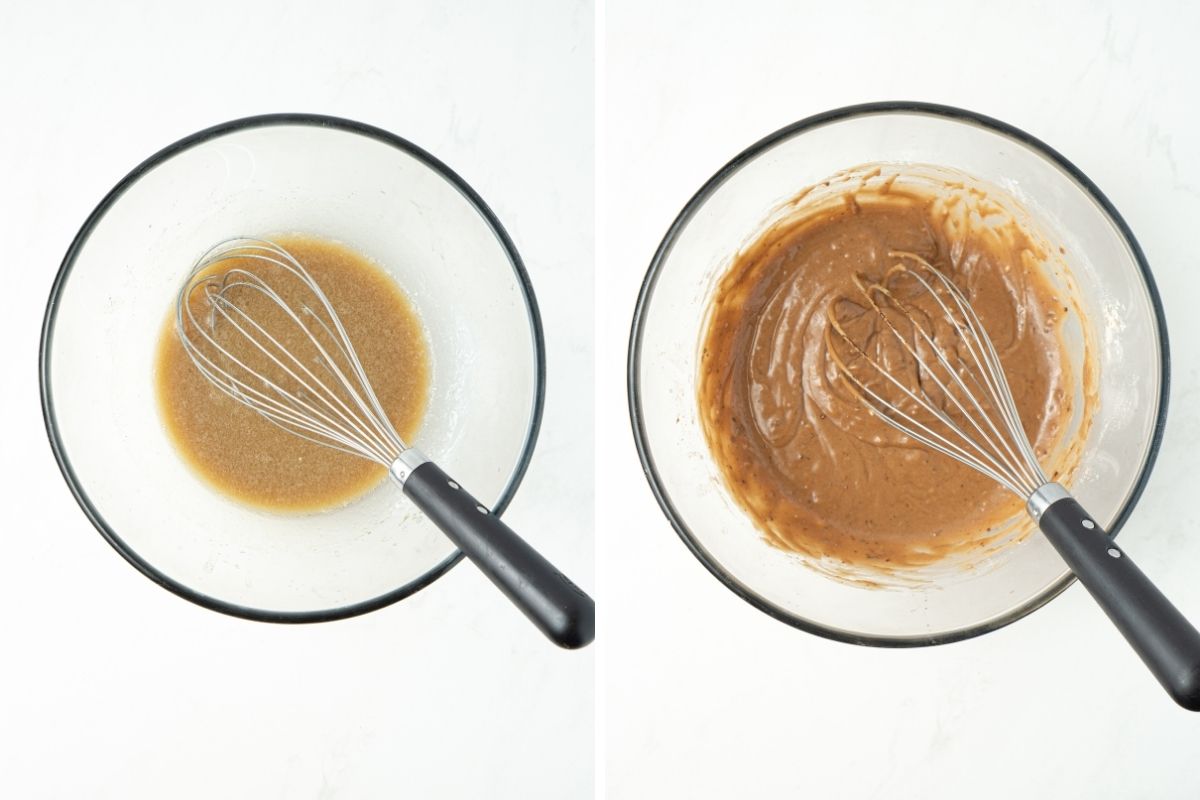 Step 1 and two of the batter in a mixing bowl with a whisk.