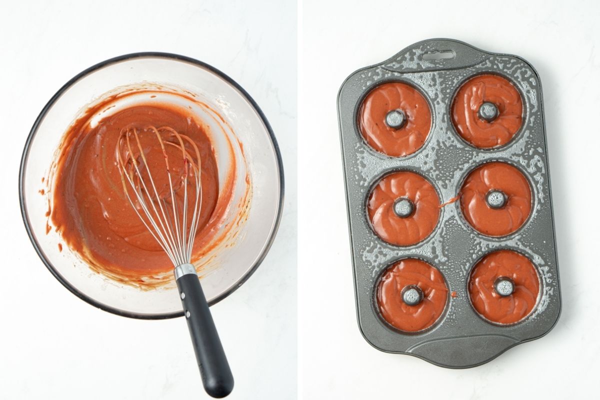 Red velvet doughnut batter in a bowl with a whisk and in a doughnut pan ready to bake.