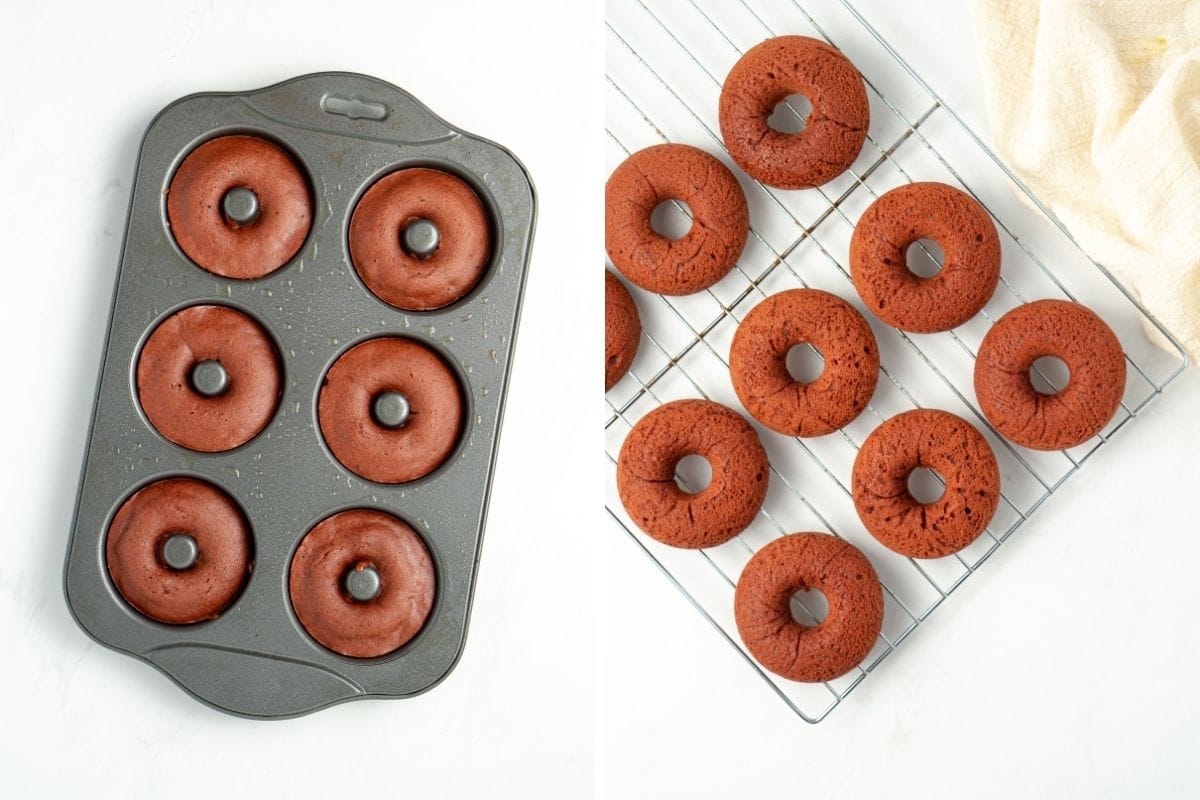 Baked red velvet doughnuts in the pan and turned out to cool on  a wire rack.