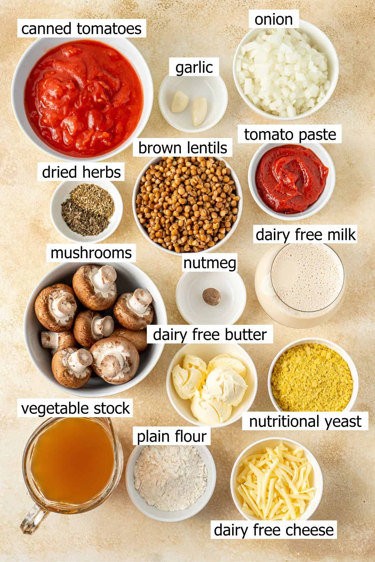 All ingredients needed to make vegan lentil lasagne laid out in bowls.