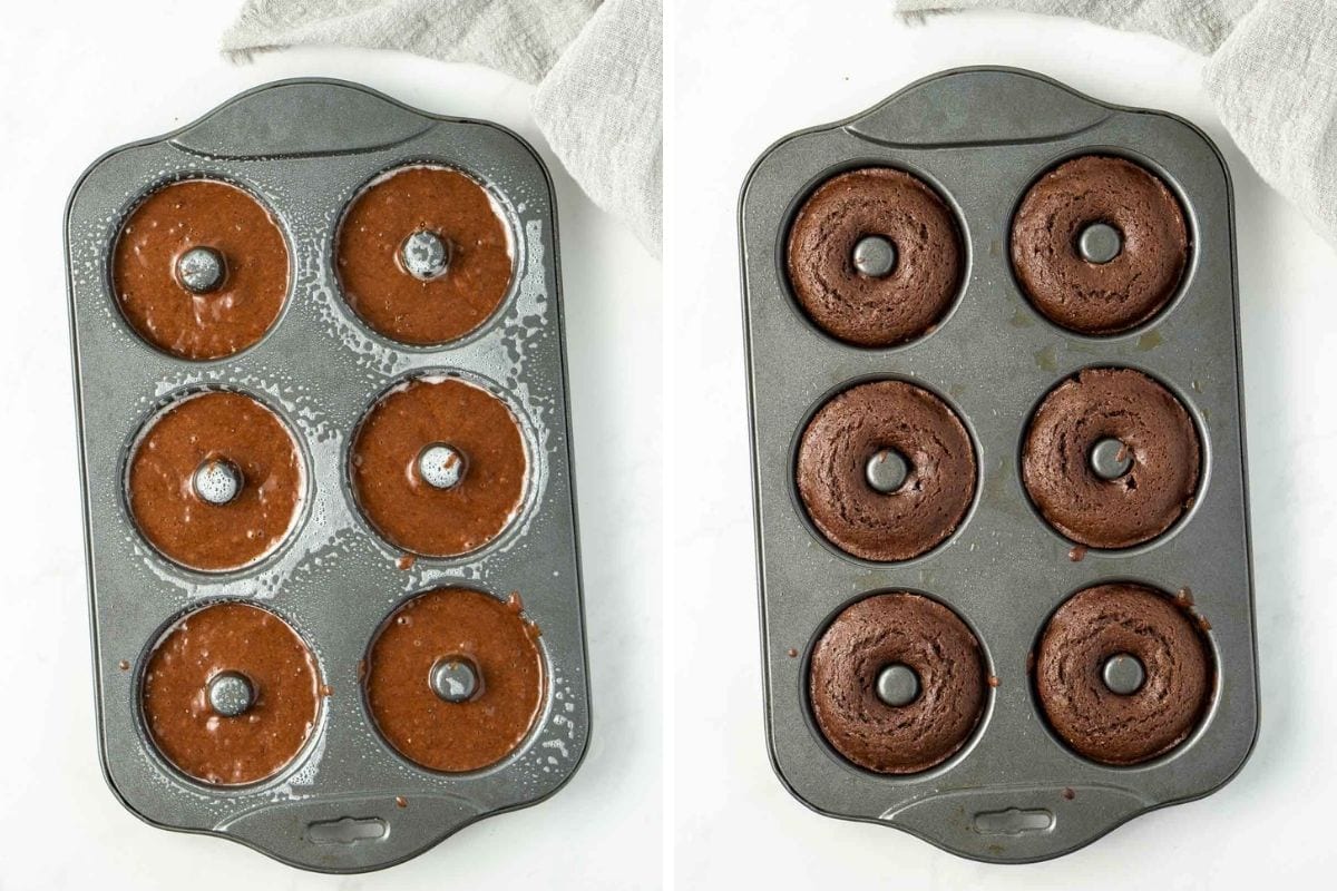 Uncooked doughnut batter in a doughnut pan, and fresh from the oven baked doughnuts still in the pan.