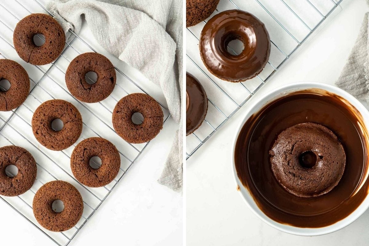 Baked doughnuts on a wire cooling rack and being dunked in chocolate ganache. 