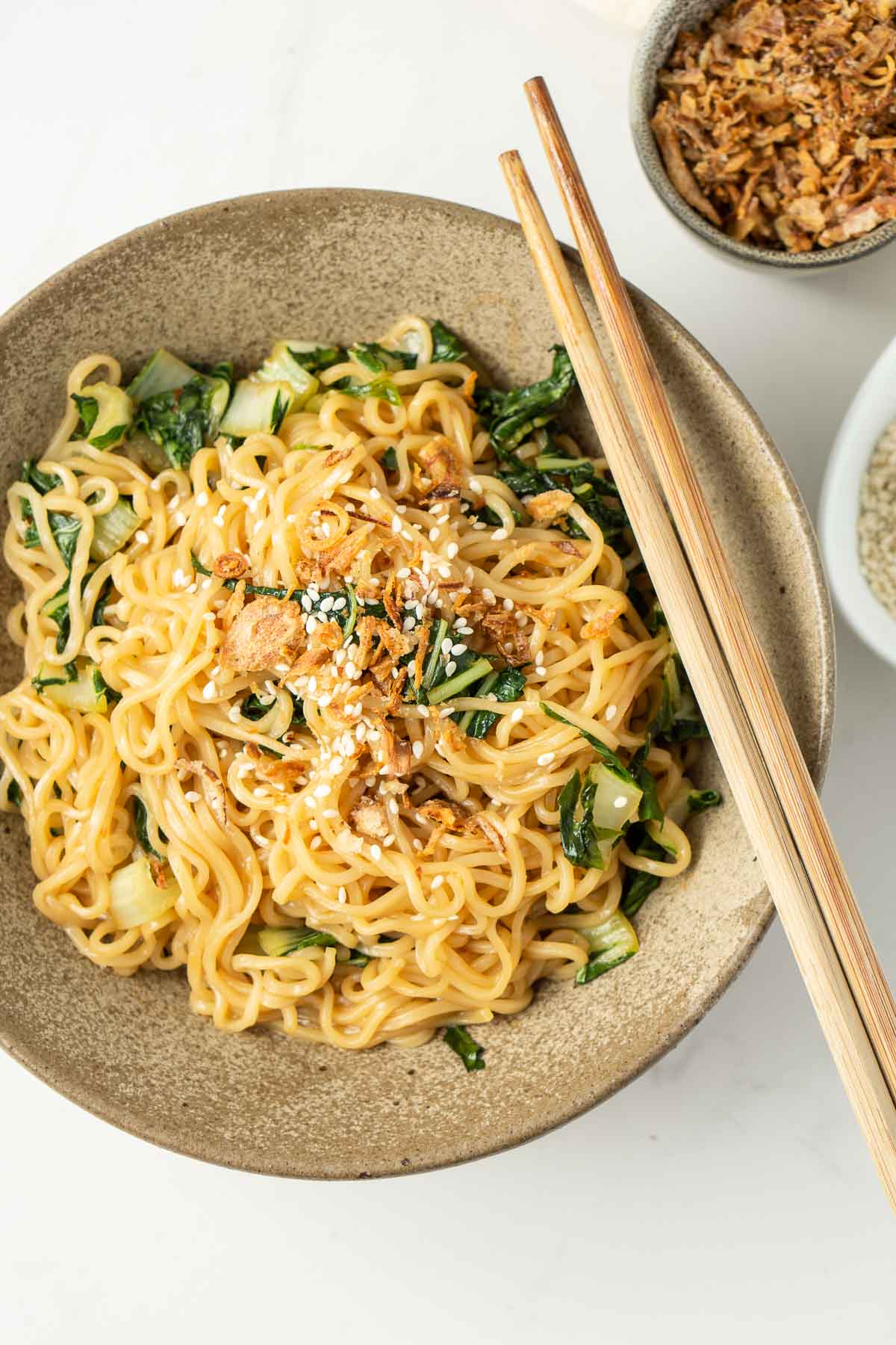 Sweet and spicy noodles in a bowl ready to eat.