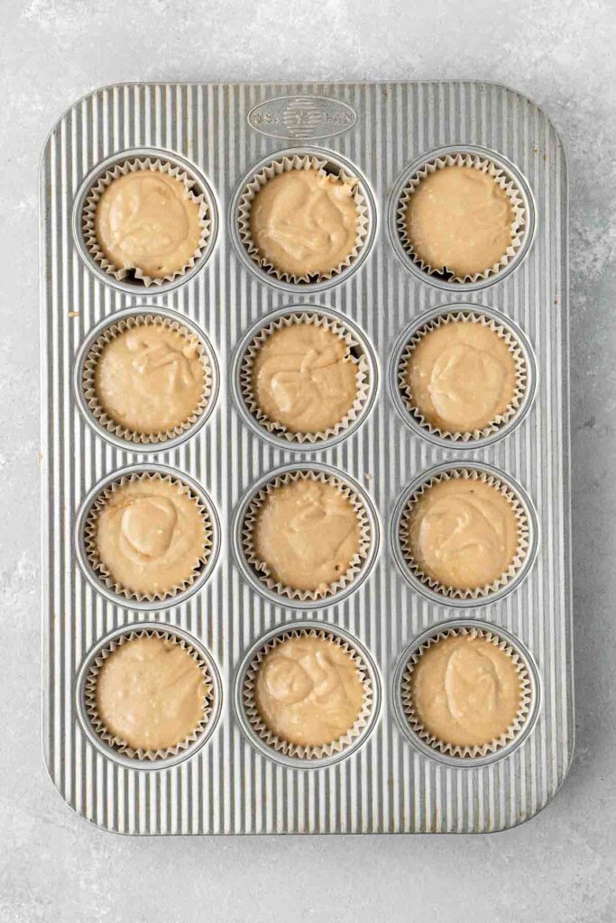 Cupcake batter in a cupcake pan.