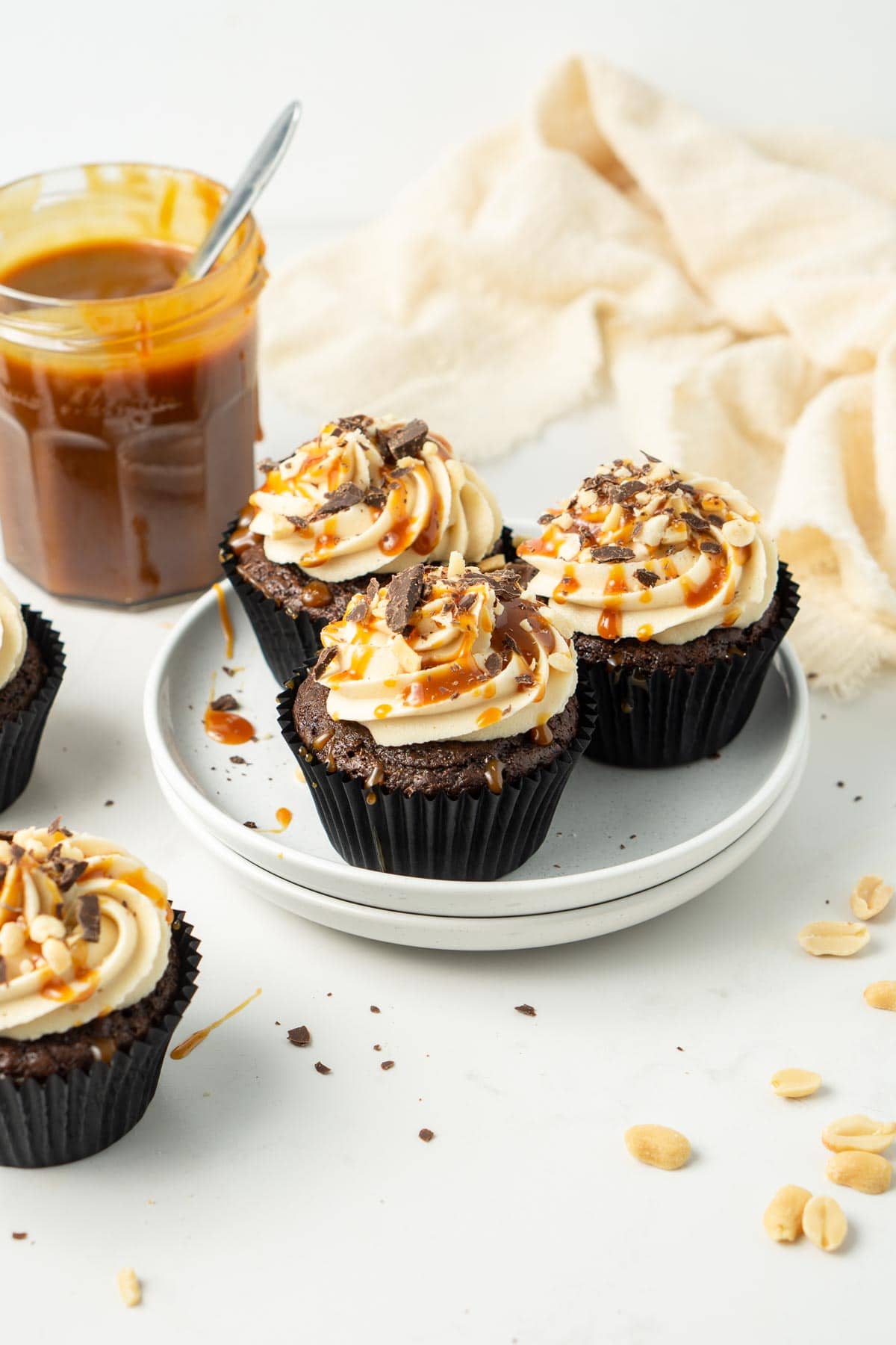 Vegan snickers cupcakes with salted caramel.