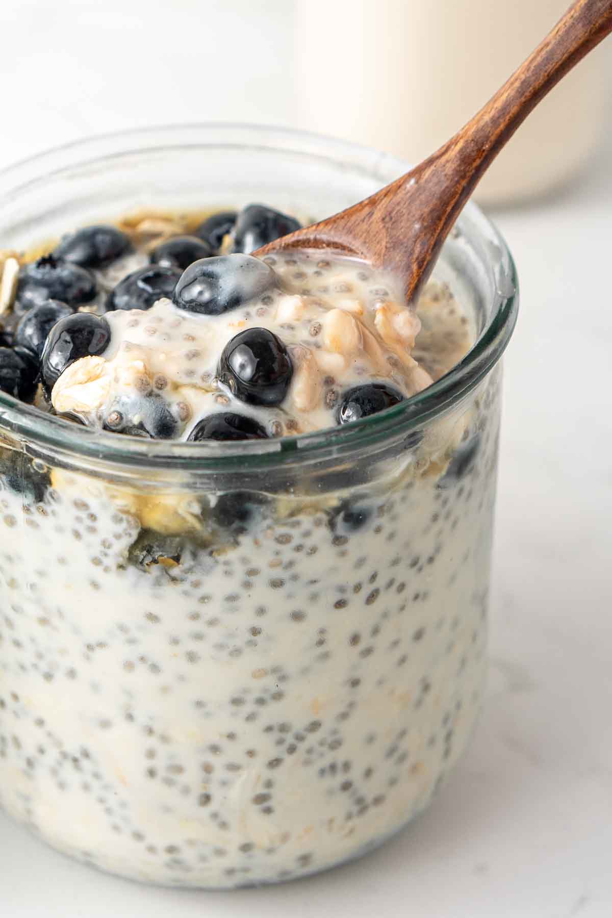Close up of a spoonful of overnight oats.