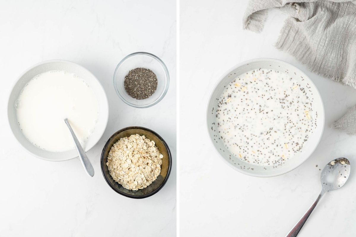 Step 1 of making the overnight oats, all ingredients being mixed together in a bowl.