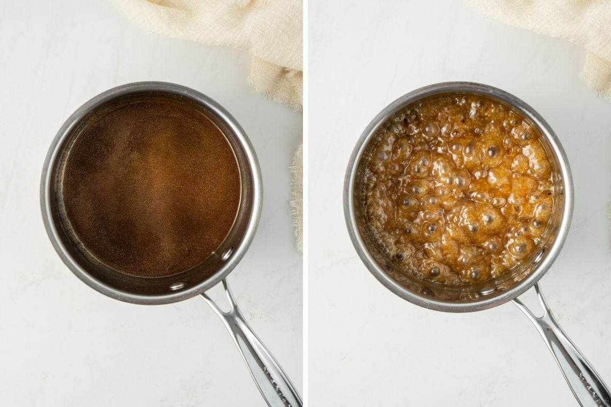 Two stages of caramel boiling in a silver saucepan.