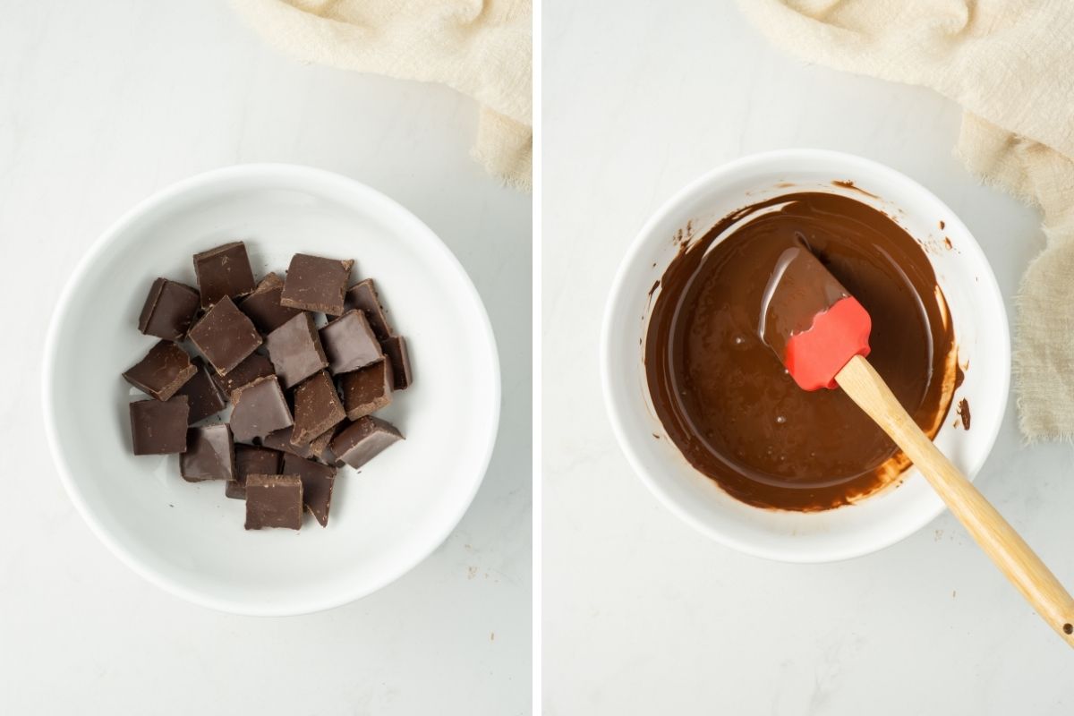 Dark chocolate in a white bowl and melted in a white bowl with a red spatula. 