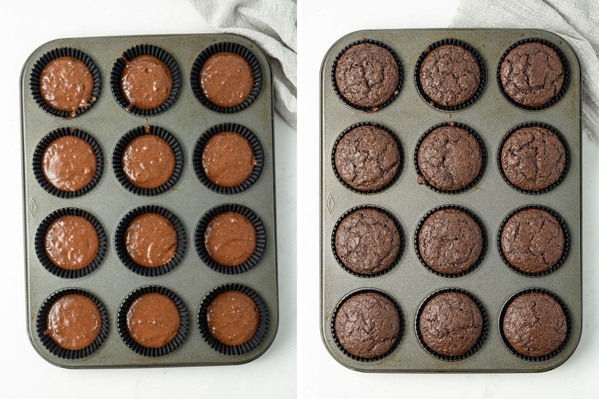 Uncooked chocolate cupcake batter in a muffin tray and cooked cupcakes straight from the oven.