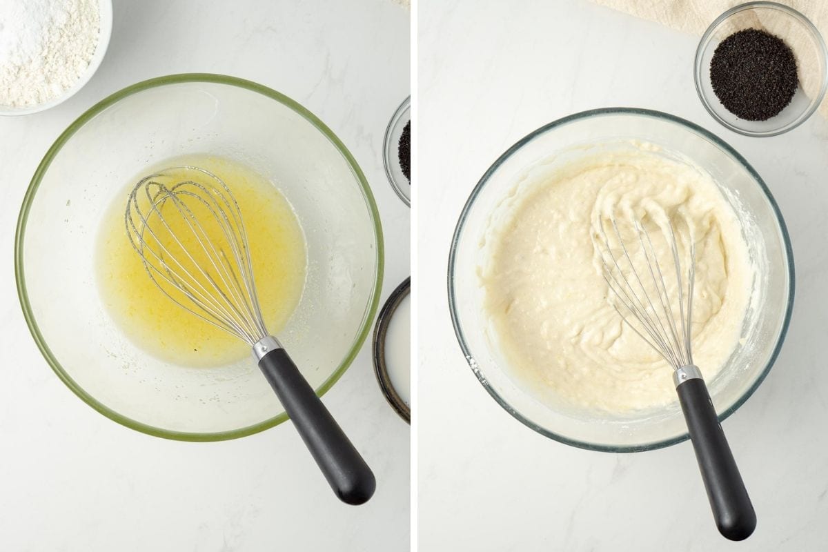 Step one and two of the batter being mixed together in a glass bowl with a whisk.