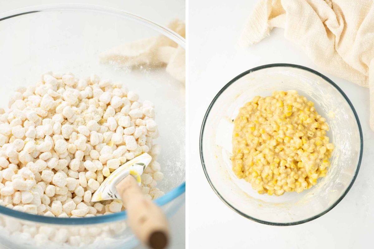 Corn fritter batter being mixed together in a glass bowl.