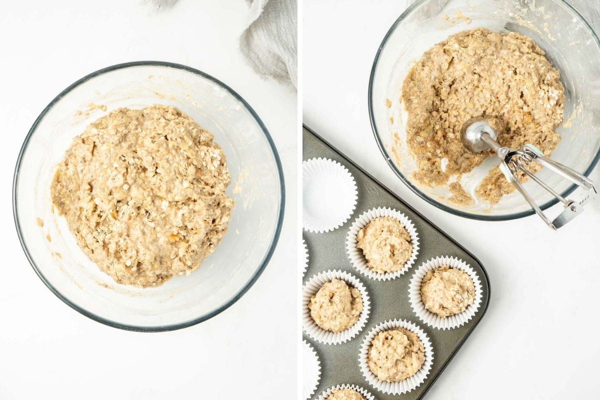 Banana nut muffin batter in a bowl and being scooped into a muffin tray.