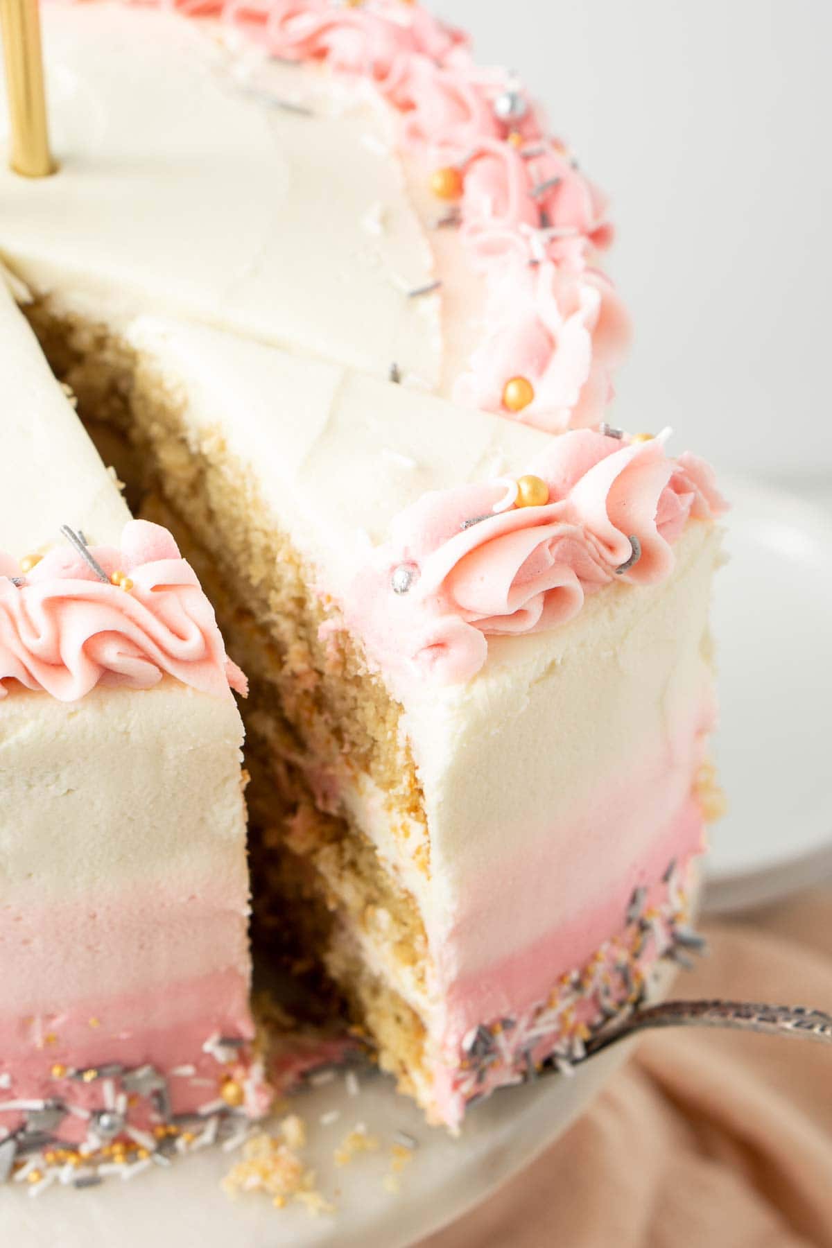 Close up of a slice of cake being served.