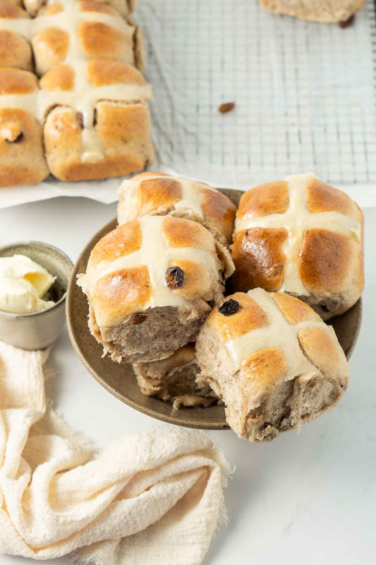 Hot cross buns in a bowl.