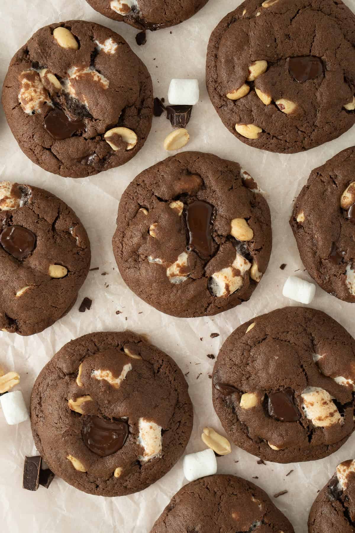 Close up of the chocolate rocky road cookies.