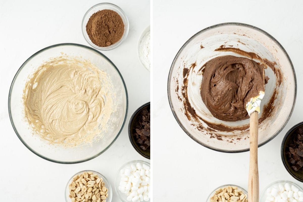 Step one and two of making the chocolate cookie batter in a glass bowl.