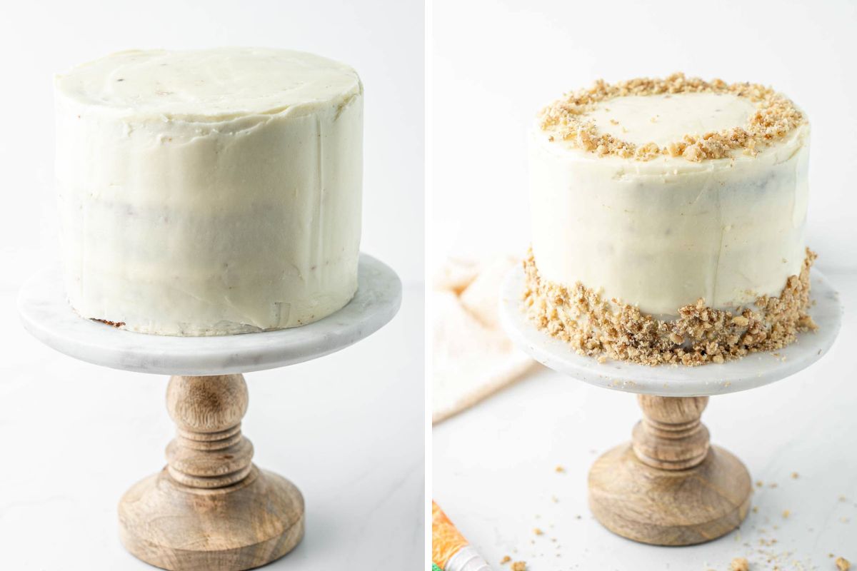 Decorating a carrot cake with vegan cream cheese frosting and crushed walnuts. 
