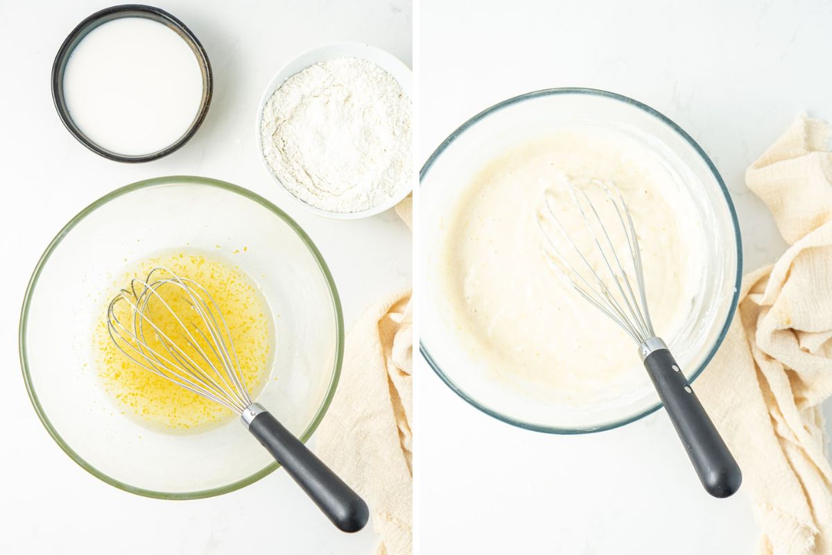 Step one and two of making the lemon cupcake batter in a glass bowl with a whisk.