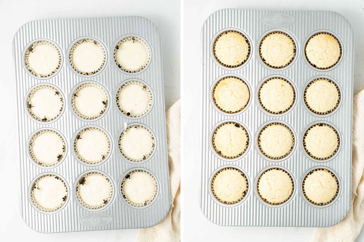 Lemon cupcake batter in a muffin tray ready for the oven and lemon cupcakes in a tray freshly baked.