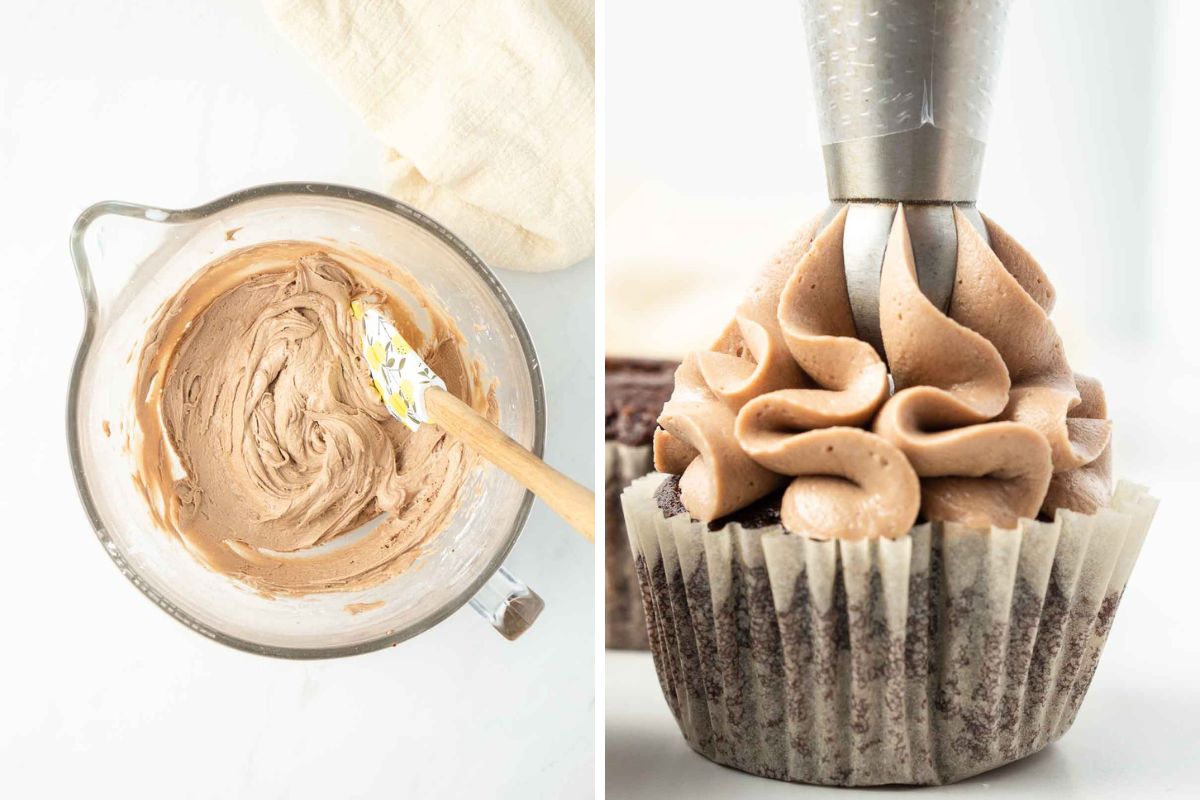 Step one and two of making the chocolate hazelnut buttercream and piping it onto the cupcakes.